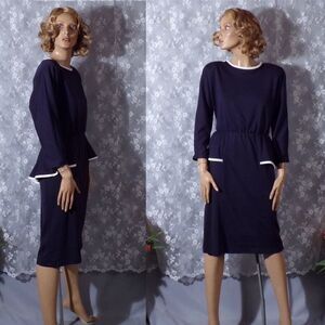 Vintage 80s Dress 1980s Navy Blue Peplum Secretary Chic Wool Blend Size Medium